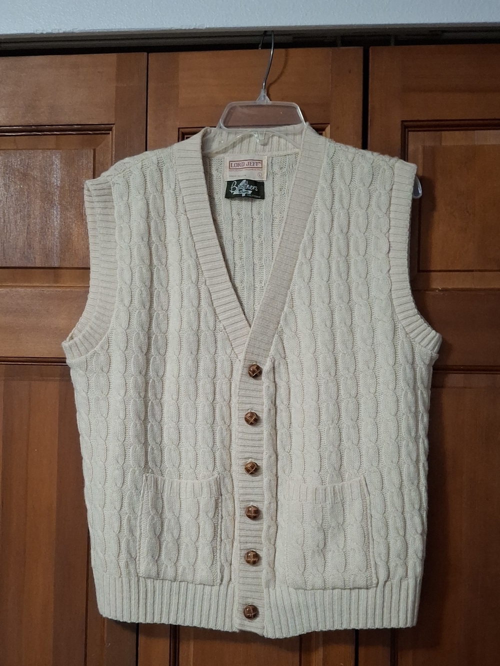 Vintage Lord Jeff Cream Cable Knit Button-Up Vest Made In U.S.A Grandpa Sweater